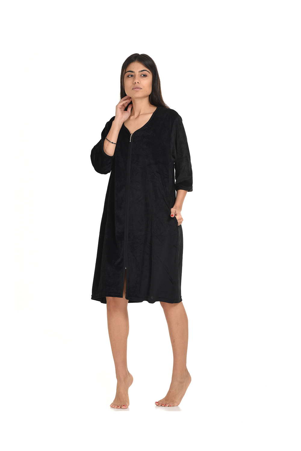 Vienetta βελουτέ homewear φόρεμα με φερμουάρ και τσέπες (Plus Size μεγέθη 1XL-4XL)-909150
