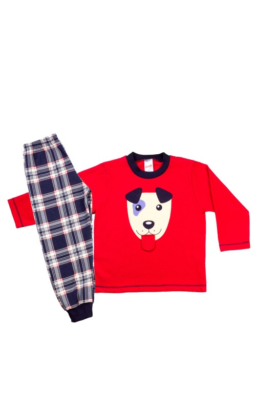 Minerva βαμβακερή παιδική πυτζάμα με καρό παντελόνι και λάστιχο ''Dog''-61702-18 