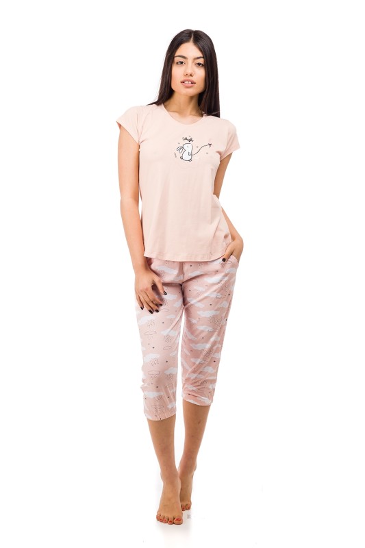 Vienetta Γυναικεία Πυτζάμα κοντομάνικη με τύπωμα "Wish" και κάπρι παντελόνι με μοτίβο-809288
