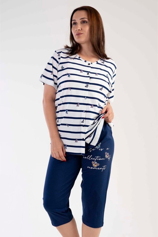 Vienetta Γυναικεία καλοκαιρινή βαμβακερή πυτζάμα κουμπωτή με κάπρι παντελόνι Plus Size (1XL-4XL)-303210