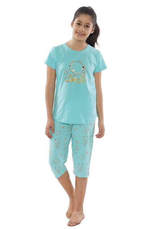Vienetta Kids Παιδική καλοκαιρινή πυτζάμα βαμβακερή για κορίτσια "Smile" με κοντό μανίκι και κάπρι παντελόνι-012215