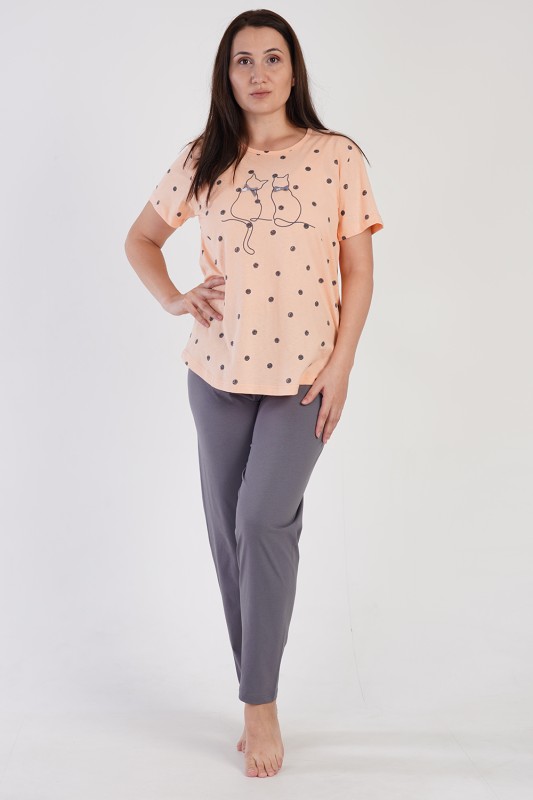 Vienetta Γυναικεία καλοκαιρινή βαμβακερή πυτζάμα με κοντό μανίκι και μακρύ παντελόνι Plus Size (1XL-4XL)-310070