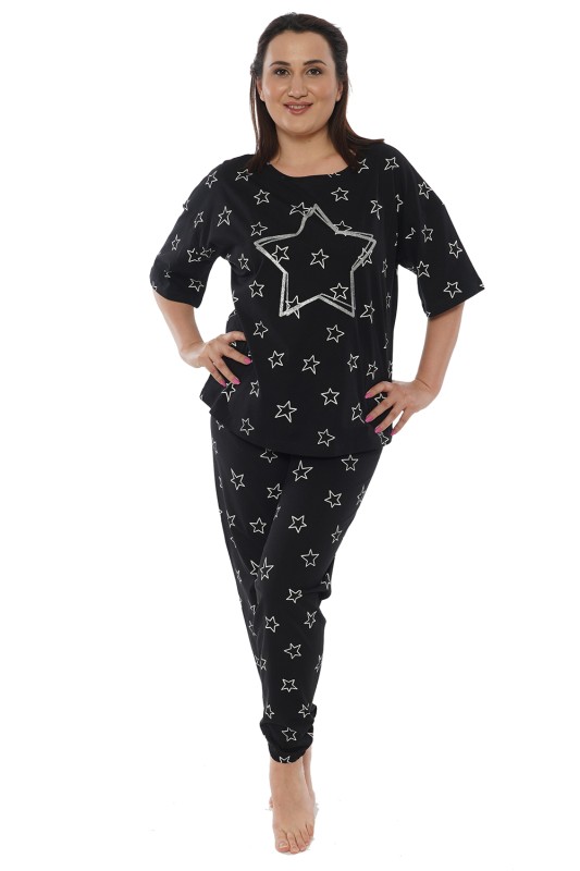 Vienetta Γυναικεία καλοκαιρινή βαμβακερή πυτζάμα "Stars" με κοντό μανίκι και μακρύ παντελόνι Plus Size (1XL-4XL)-012257