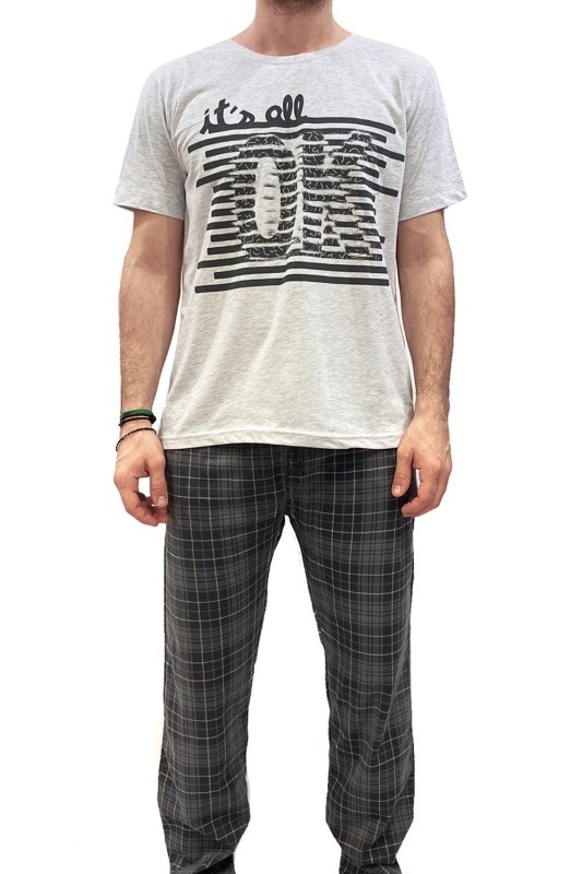Gazzaz βαμβακερή κοντομάνικη πυτζάμα και καρό παντελόνι με τσέπες ''It's all ok''-901020