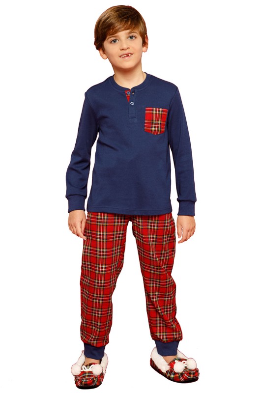 Noidìnotte παιδική βαμβακερή πυτζάμα πολυτελείας με καρό παντελόνι (3 έως 10 ετών)-FE2020