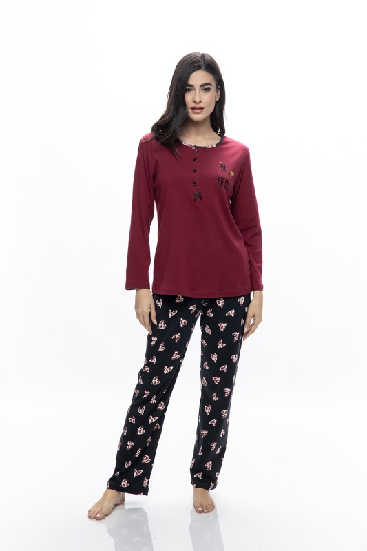 Galaxy γυναικεία χειμερινή βαμβακερή πυτζάμα με κουμπιά και παντελόνι με καρδούλες-816-23