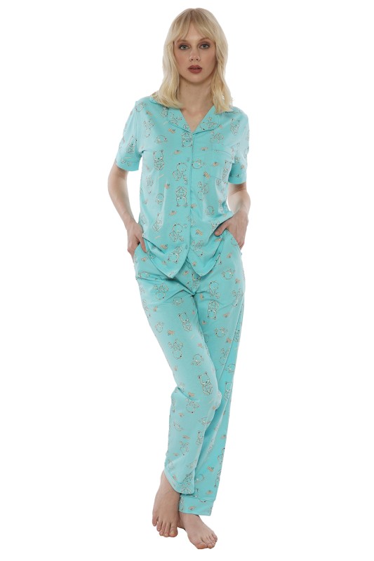 Vienetta Γυναικεία καλοκαιρινή βαμβακερή πυτζάμα κουμπωτή με κοντό μανίκι και μακρύ παντελόνι-012211