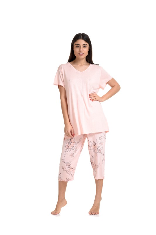 Vienetta γυναικεία πυτζάμα βισκόζη με παντελόνι κάπρι και λαμόκοψη V (Plus Size 1XL-3XL)-910161