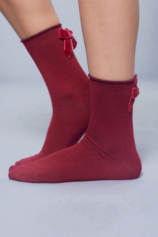 Noidìnotte γυναικείες μονόχρωμες κάλτσες με βελούδινο φιογκάκι-TR1131