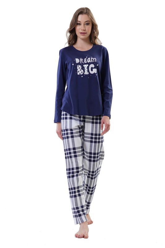 Vienetta Γυναικεία χειμερινή βαμβακερή πυτζάμα "Dream Big" με καρό παντελόνι-203103