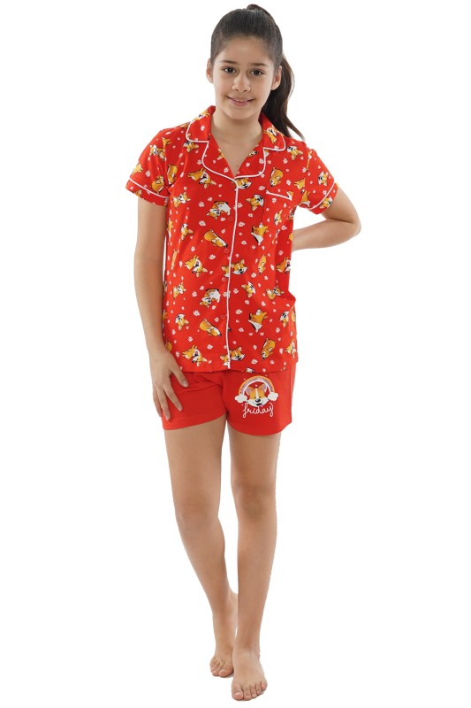 Vienetta Kids Παιδική καλοκαιρινή πυτζάμα βαμβακερή για κορίτσι "Fox" κουμπωτή με σορτσάκι (7-14 ετών)-010030