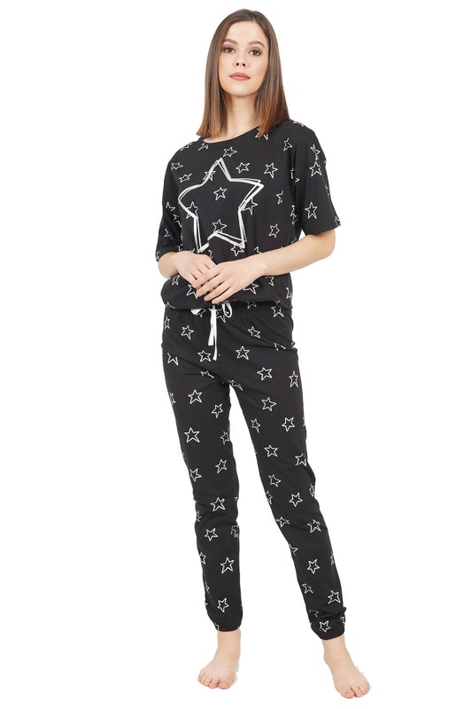 Vienetta Γυναικεία καλοκαιρινή βαμβακερή πυτζάμα "Stars" με κοντό μανίκι και μακρύ παντελόνι-012256