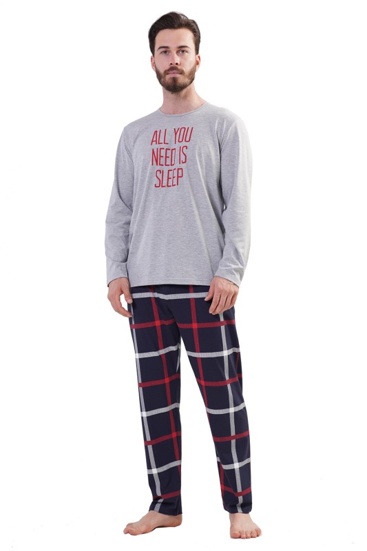 Vienetta Man Ανδρική χειμερινή πυτζάμα "All I Need Is Sleep" με καρό παντελόνι-204185