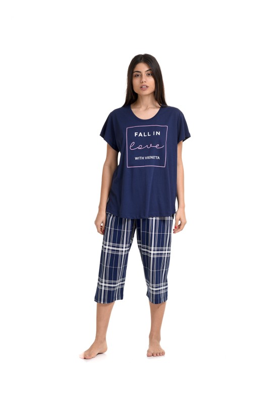 Vienetta γυναικεία βαμβακερή πυτζάμα με παντελόνι κάπρι "Fallin In Love With Vienetta" (Plus Size 1XL-4XL)-008212
