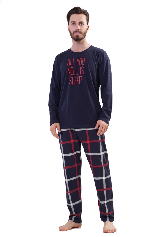 Vienetta Man Ανδρική χειμερινή πυτζάμα "All I Need Is Sleep" με καρό παντελόνι-204185b