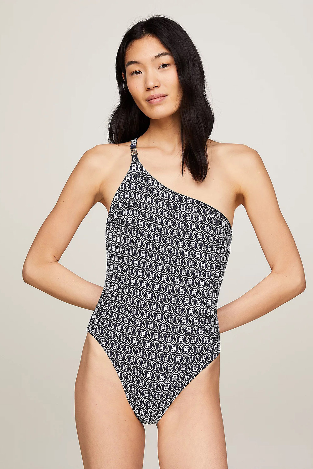 Tommy Hilfiger γυναικείο ολόσωμο μαγιό double-face με έναν ώμο TH Monogram Reversible One Shoulder-UW0UW05312-0G4